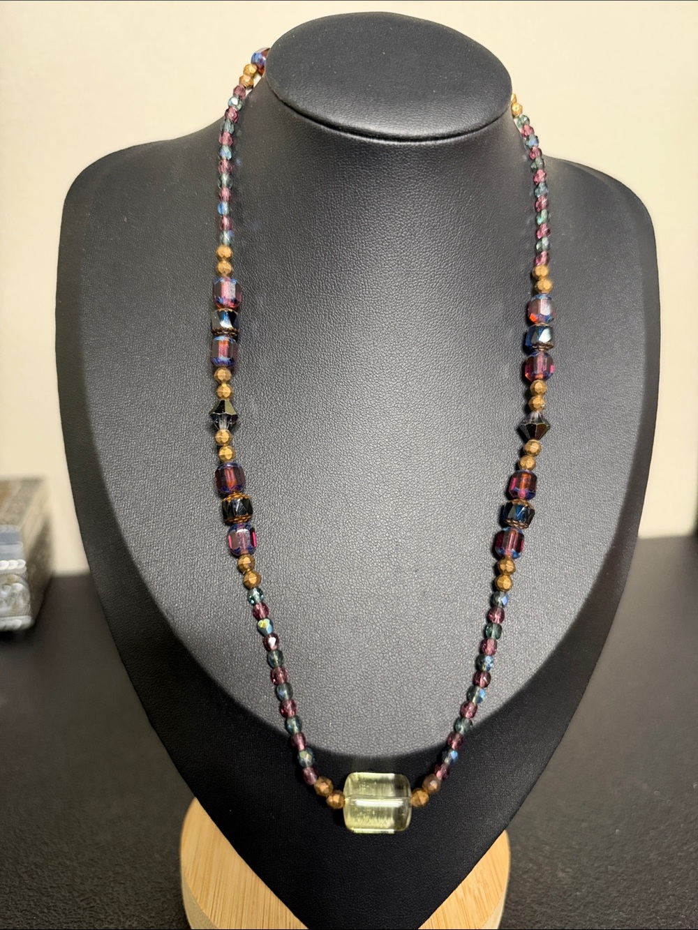 Vintage Multicolor Dainty Glass Bead Necklace Pale Yellow Focal Stone Boho